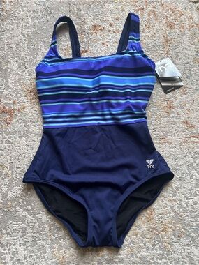 TYR Controlift Navy One-Piece Swimsuit with Blue & Turquoise Stripes NWT
